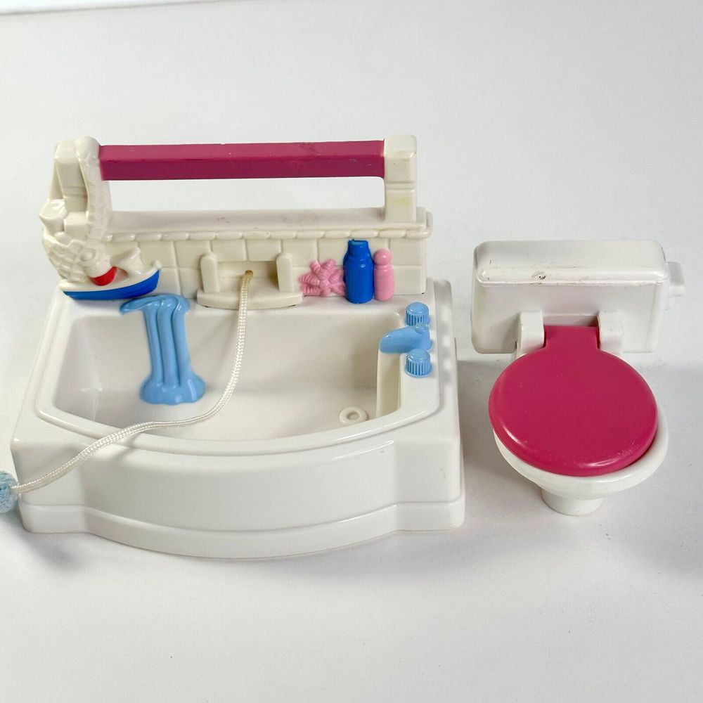 Fisher Price Toy White Toilet Pink Lid 1993 and Bathtub 1999 Loving Family